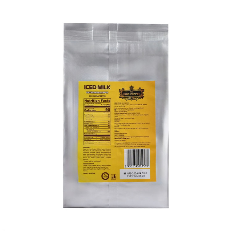 آیس کافی کاراملی برند کینگ کافی ترکیبی از قهوه محلول، خامه غیر لبنی، پودر شیر بدون چربی و شکر