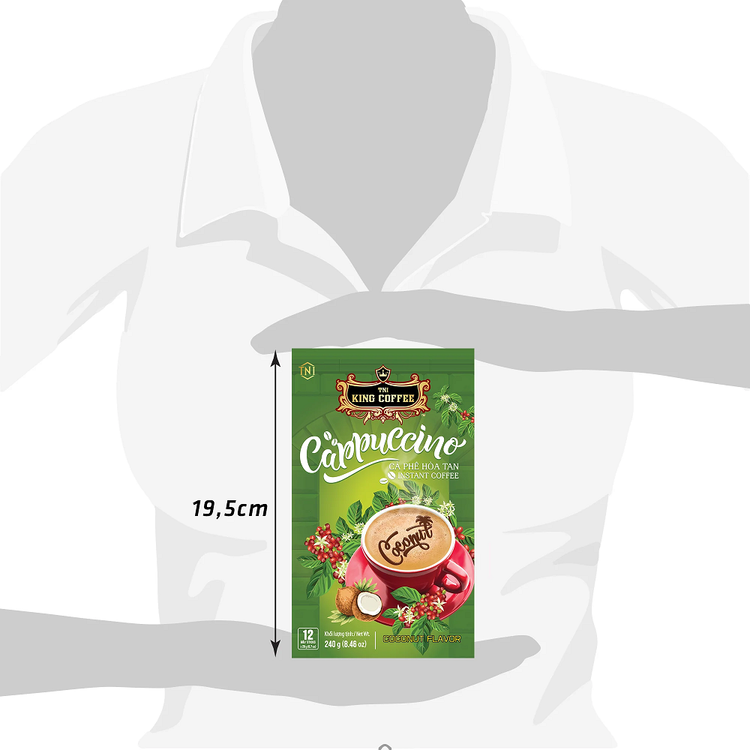 بسته کاپوچینو نارگیلی برند کینگ کافی شامل ۱۲ ساشه ۲۰ گرمی – طعم ملایم و خامهای